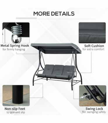 3 Seater Canopy Swing Chair Porch Hammock Bed Rocking Bench Dark Grey