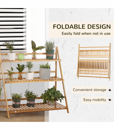 Bamboo Natural wood finish 98cmx37cmx96.5cm 3-Tier Folding Plant Stand