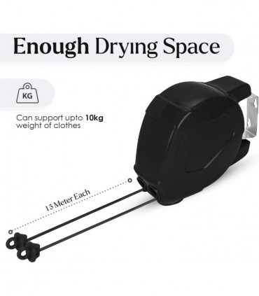Washing Line Retractable Black Metal Double Cloth Lines Peg Bag Indoor Outdoor