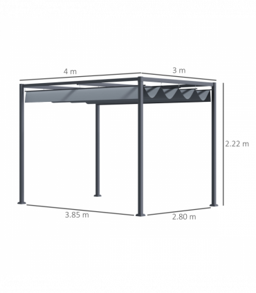 4 x 3m Metal Pergola Gazebo Patio Sun Shelter Retractable Canopy Grey Outsunny