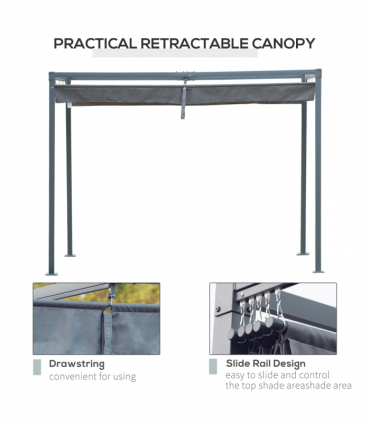 4 x 3m Metal Pergola Gazebo Patio Sun Shelter Retractable Canopy Grey Outsunny