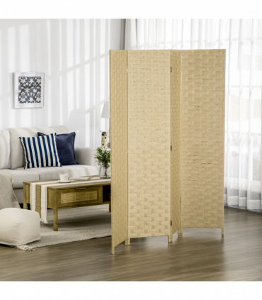 4-Panel Folding Wall Divider Room, Wave Fibre Privacy Screen Panels, Brown