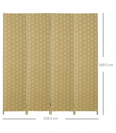 4-Panel Folding Wall Divider Room, Wave Fibre Privacy Screen Panels, Brown