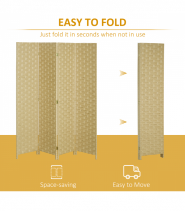 4-Panel Folding Wall Divider Room, Wave Fibre Privacy Screen Panels, Brown