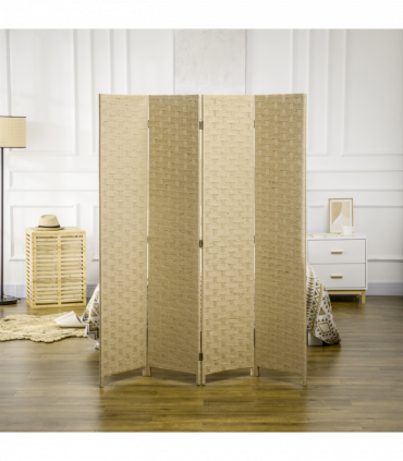 4-Panel Folding Wall Divider Room, Wave Fibre Privacy Screen Panels, Brown