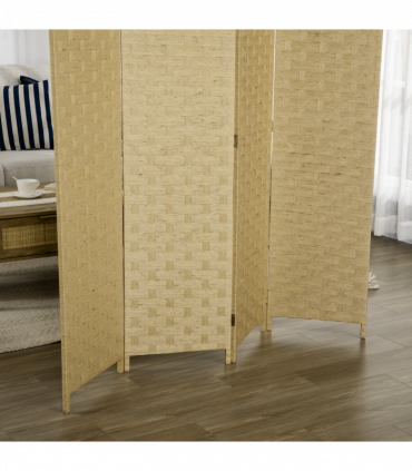 4-Panel Folding Wall Divider Room, Wave Fibre Privacy Screen Panels, Brown
