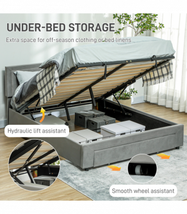 HOMCOM King Size Bed Frame with Storage and Adjustable Velvet Headboard