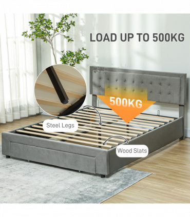 HOMCOM King Size Bed Frame with Storage and Adjustable Velvet Headboard