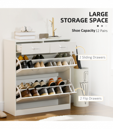 HOMCOM Slim Shoe Cabinet with 2 Flip Drawers for 12 Pairs of Shoes White