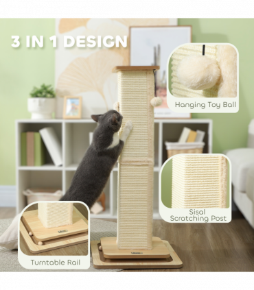 PawHut 87cm Cat Scratching Post 3 in 1 Cat Scratcher w/ Track Ball Toy