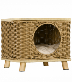 PawHut Elevated Design Wicker Cat House with Washable Cushion, Light Brown
