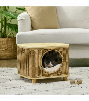 PawHut Elevated Design Wicker Cat House with Washable Cushion, Light Brown