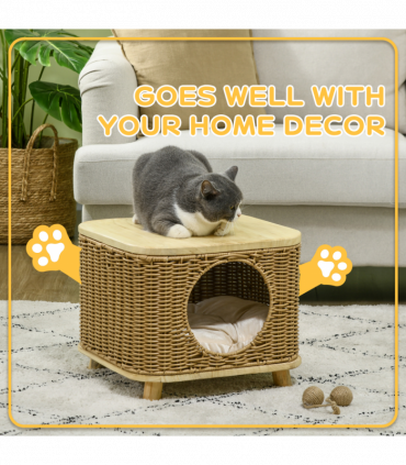PawHut Elevated Design Wicker Cat House with Washable Cushion, Light Brown