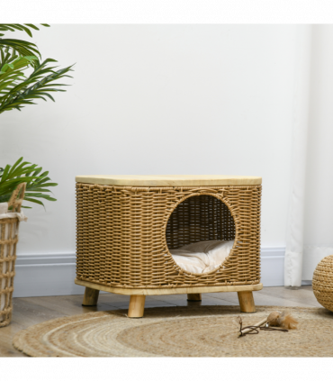 PawHut Elevated Design Wicker Cat House with Washable Cushion, Light Brown