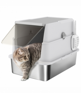 PawHut Extra Large Stainless Steel Cat Litter Tray with Scoop, Flip Top