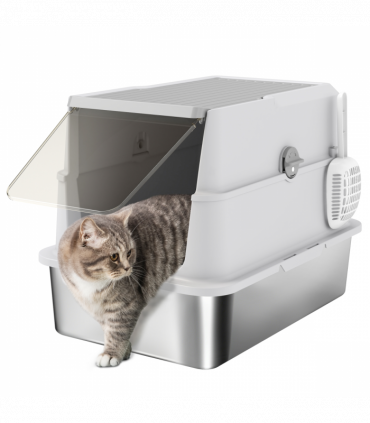 PawHut Extra Large Stainless Steel Cat Litter Tray with Scoop, Flip Top