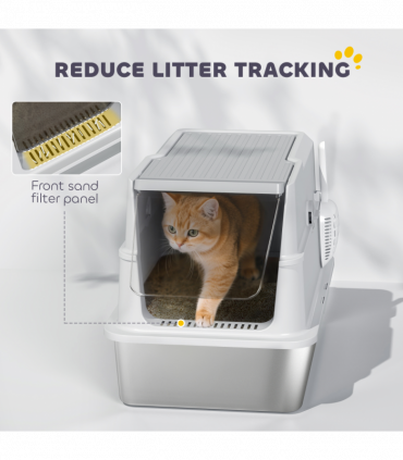 PawHut Extra Large Stainless Steel Cat Litter Tray with Scoop, Flip Top