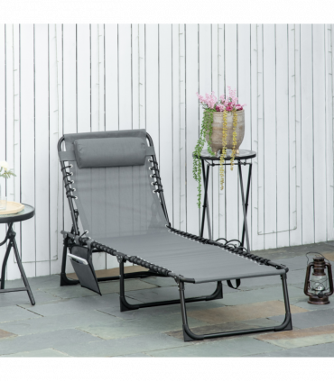 Portable Sun Lounger, Reclining Lounge Chair 5-position Adjustable Pillow Grey