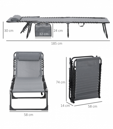 Portable Sun Lounger, Reclining Lounge Chair 5-position Adjustable Pillow Grey