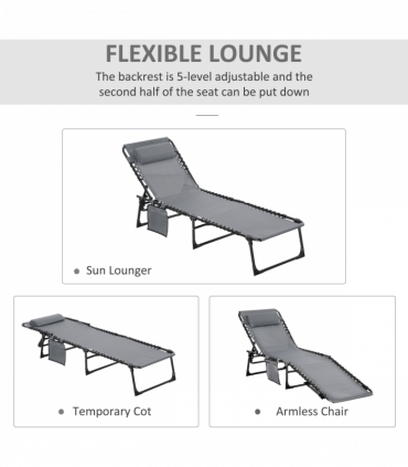 Portable Sun Lounger, Reclining Lounge Chair 5-position Adjustable Pillow Grey