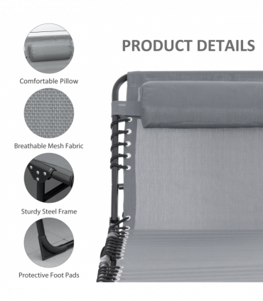 Portable Sun Lounger, Reclining Lounge Chair 5-position Adjustable Pillow Grey