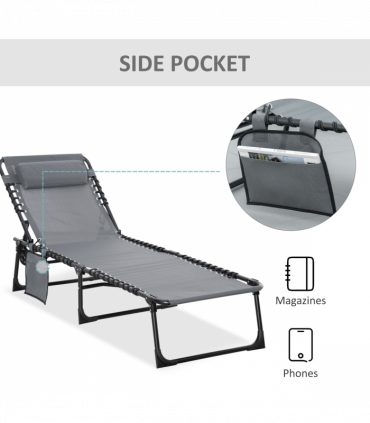 Portable Sun Lounger, Reclining Lounge Chair 5-position Adjustable Pillow Grey