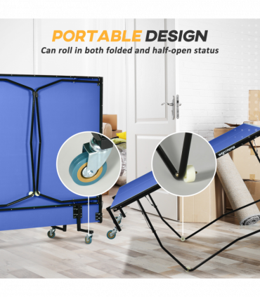 SPORTNOW 9FT Folding Table Tennis Table w/ 8 Wheels, for Indoors - Blue