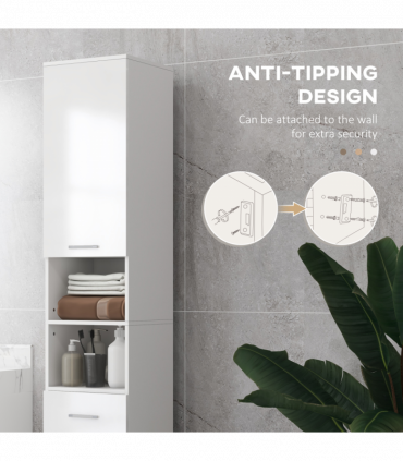 kleankin Tall Narrow Bathroom Storage Cabinet Cupboard w/ Cabinets, White