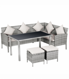 5 Pcs Mixed Grey Rattan Beige Cushion Patio Dining Table Stool Chaise Lounge Set