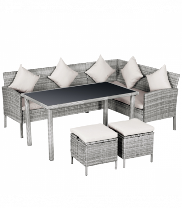 5 Pcs Mixed Grey Rattan Beige Cushion Patio Dining Table Stool Chaise Lounge Set