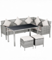 5 Pcs Mixed Grey Rattan Beige Cushion Patio Dining Table Stool Chaise Lounge Set