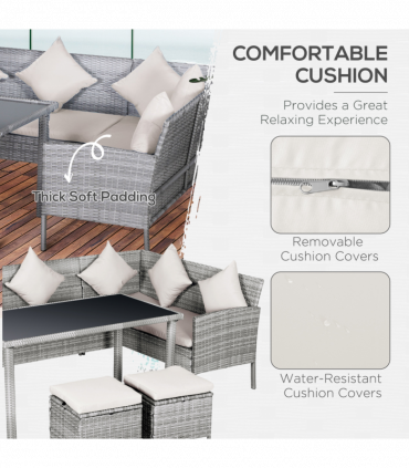 5 Pcs Mixed Grey Rattan Beige Cushion Patio Dining Table Stool Chaise Lounge Set