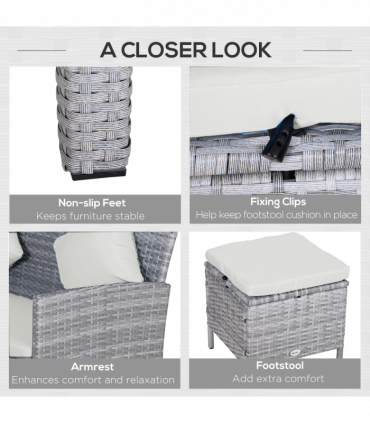 5 Pcs Mixed Grey Rattan Beige Cushion Patio Dining Table Stool Chaise Lounge Set