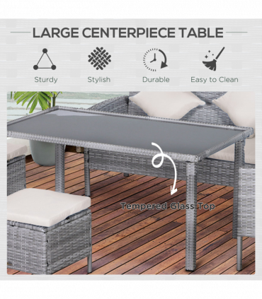 5 Pcs Mixed Grey Rattan Beige Cushion Patio Dining Table Stool Chaise Lounge Set