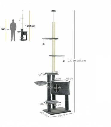 Cat Climbing Tower Dark Grey Sisal 55L x 45W x 220-265H cm 5-Tier Multi-Level