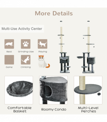 Cat Climbing Tower Dark Grey Sisal 55L x 45W x 220-265H cm 5-Tier Multi-Level