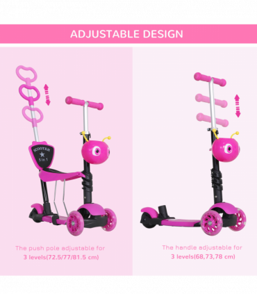 Kids Baby Toddler Kick Scooter Pink 5-in-1 Removable Seat Height Adjustable