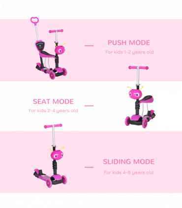 Kids Baby Toddler Kick Scooter Pink 5-in-1 Removable Seat Height Adjustable