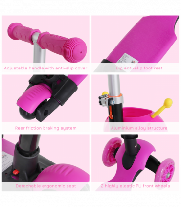 Kids Baby Toddler Kick Scooter Pink 5-in-1 Removable Seat Height Adjustable