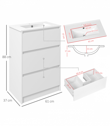 600mm Bathroom Vanity Unit w/ 1 Tap Hole Basin Drawers Gloss White