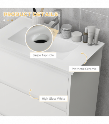 600mm Bathroom Vanity Unit w/ 1 Tap Hole Basin Drawers Gloss White