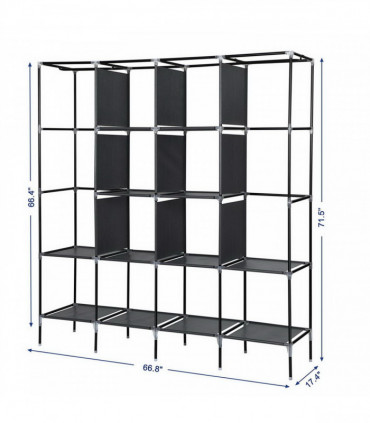 67" Clothes Closet Portable Wardrobe Clothes Storage Rack 12 Shelves 4 Side Pockets Gray