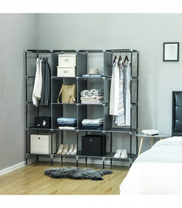67" Clothes Closet Portable Wardrobe Clothes Storage Rack 12 Shelves 4 Side Pockets Gray
