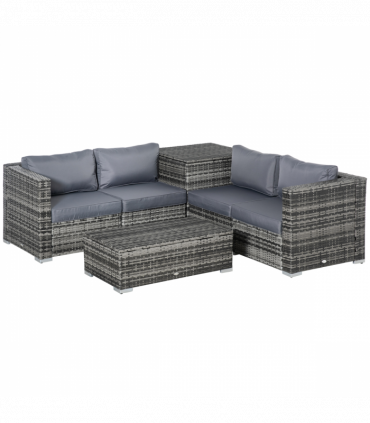 Garden Rattan Corner Sofa Set Table w/ Cushion Grey Steel Plastic Rattan