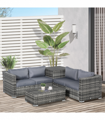 Garden Rattan Corner Sofa Set Table w/ Cushion Grey Steel Plastic Rattan