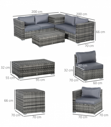 Garden Rattan Corner Sofa Set Table w/ Cushion Grey Steel Plastic Rattan