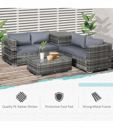 Garden Rattan Corner Sofa Set Table w/ Cushion Grey Steel Plastic Rattan