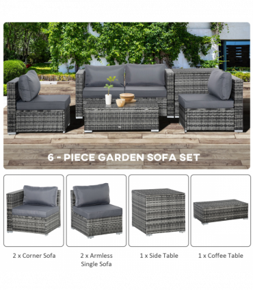 Garden Rattan Corner Sofa Set Table w/ Cushion Grey Steel Plastic Rattan