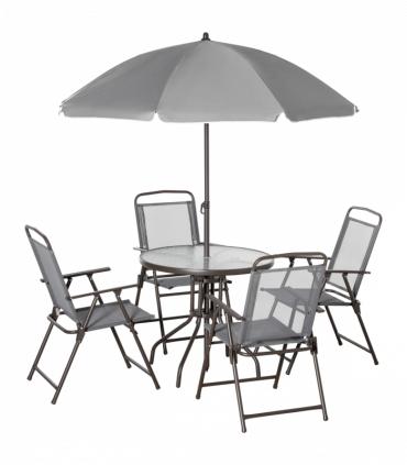 6Pc Patio Dining Set with Umbrella, 4 Folding Chairs Glass Table