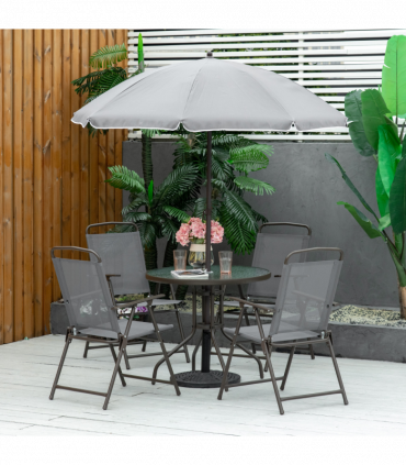 6Pc Patio Dining Set with Umbrella, 4 Folding Chairs Glass Table